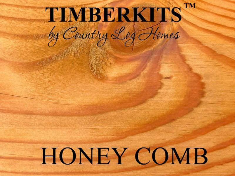 Sample of wood Honey Comb stain with logo Timberkits by Country Log Homes
